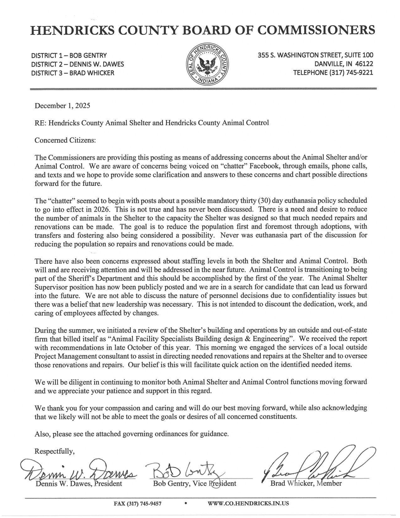 25.12 Letter Regarding the Hendricks County Animal Control Shelter1